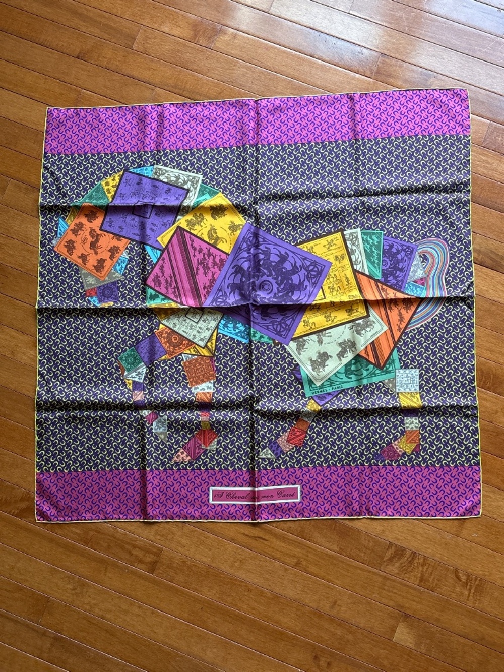 Hermes 90cm Silk Scarf A Cheval sur Mon Carre'  eggplant bright pink Bali Barret
